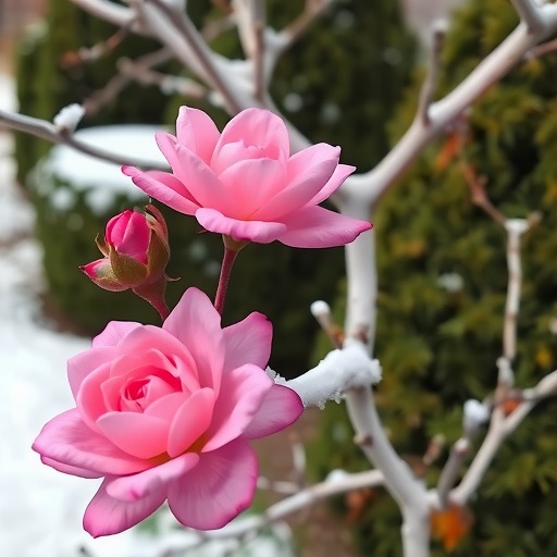 寒冬中的月季绽放，传递坚韧与希望的力量